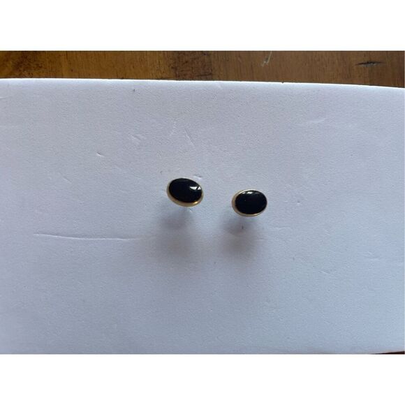 Vintage Black Enamel on Gold Oval Pierced Earrings - Picture 2 of 3